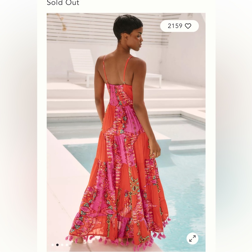 Anthropologie Barok Paris Beaded Tiered Maxi Dress Orange Pink Boho Small - Picture 5 of 14